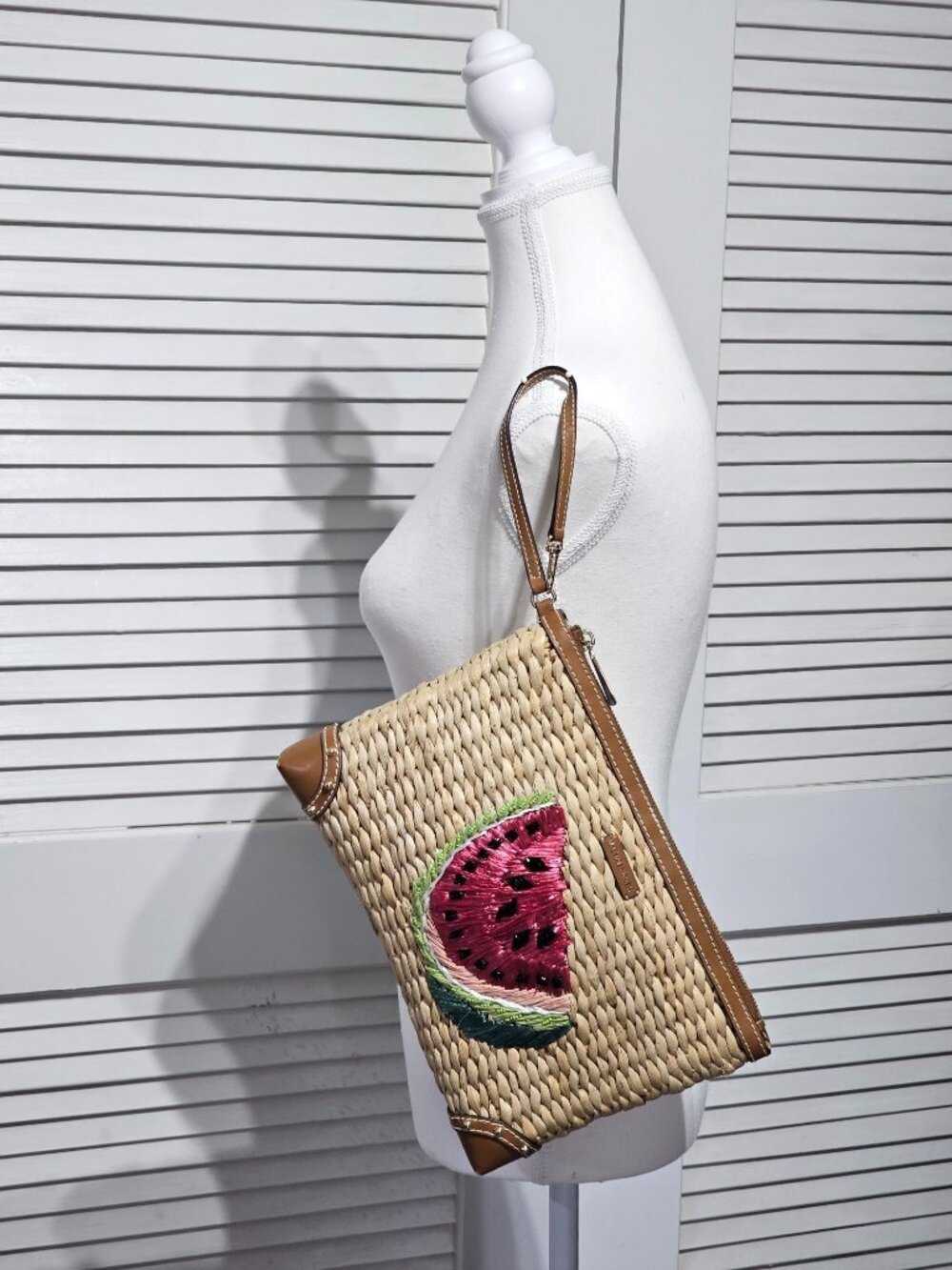 Michael Kors Women's Watermelon Raffia Malibu Straw XL Clutch Zip Wristlet 3304